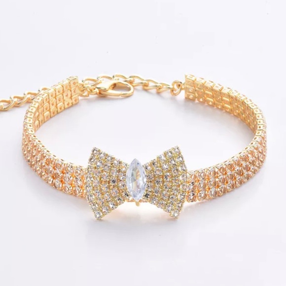 Gold Bow Glam Diamond Cat Dog Necklace - Picture 1 of 3